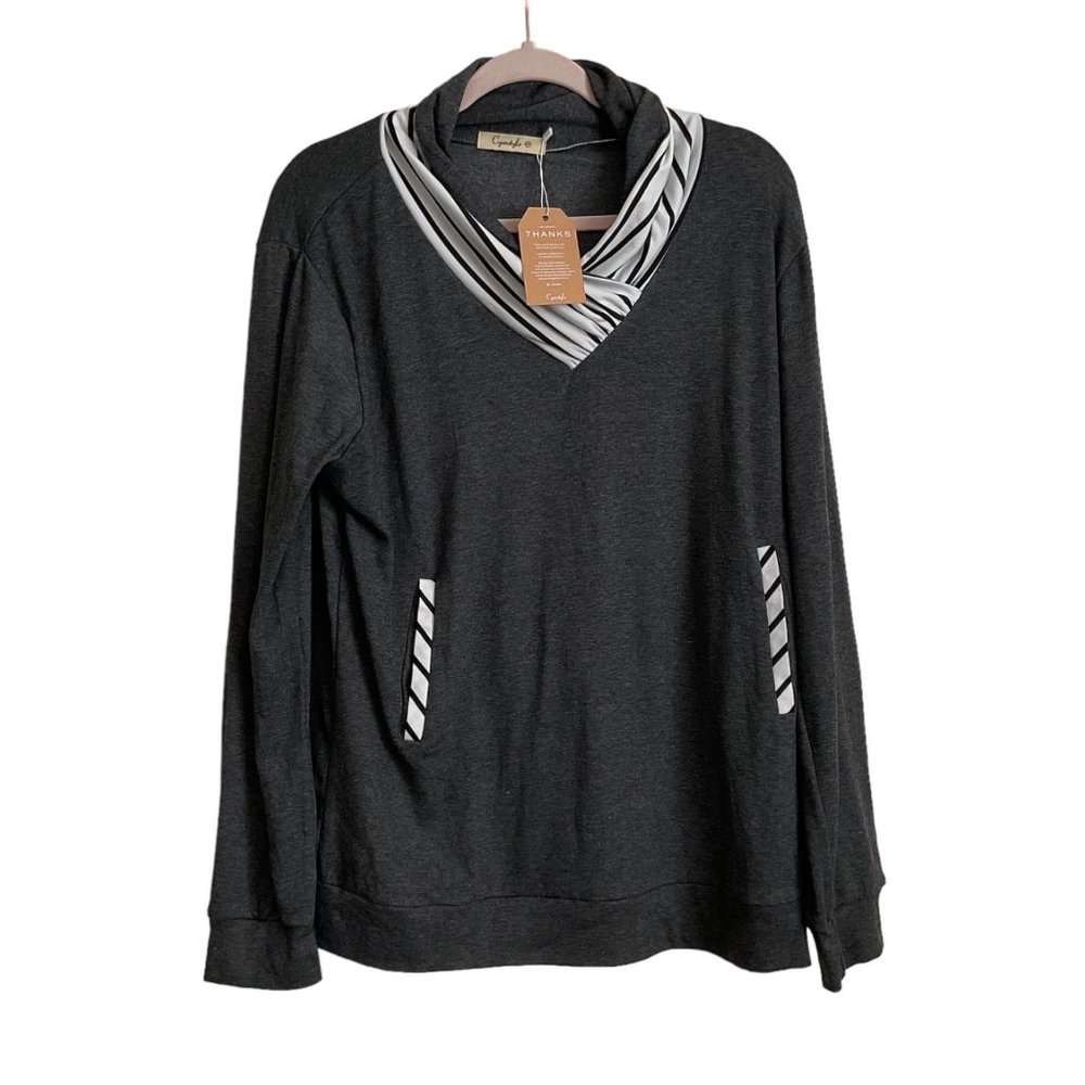 Cyanstyle Woman's Size 2XL‎ Gray V Neck Pullover Top With Pockets